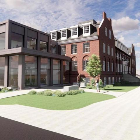 Rendering of Hamel Honors and Scholars College addition to brick building