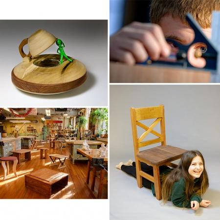 四张照片:学生拿尺子, 上面有外星人雕塑的圆形盒子, 木椅下的女人, 有节日装饰的木工店